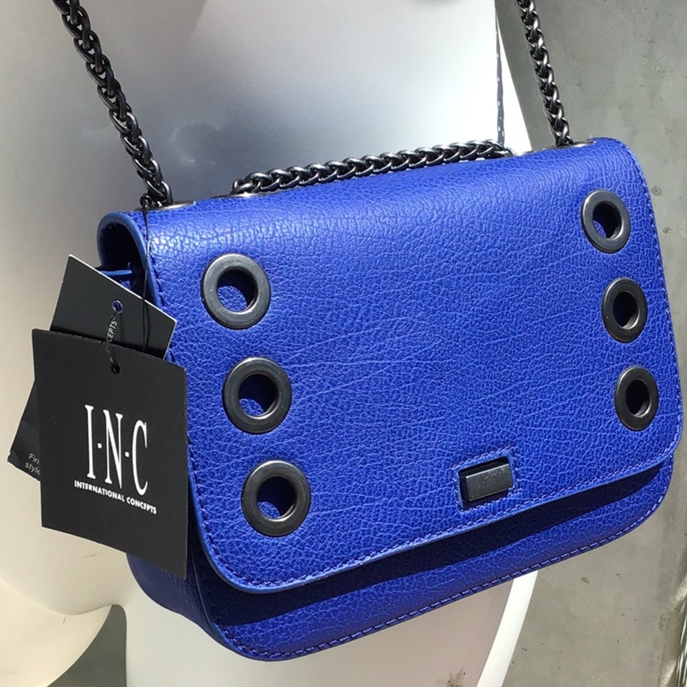 INC Blue& Black leather cross body. Smoky black rolled chain & details.NWT